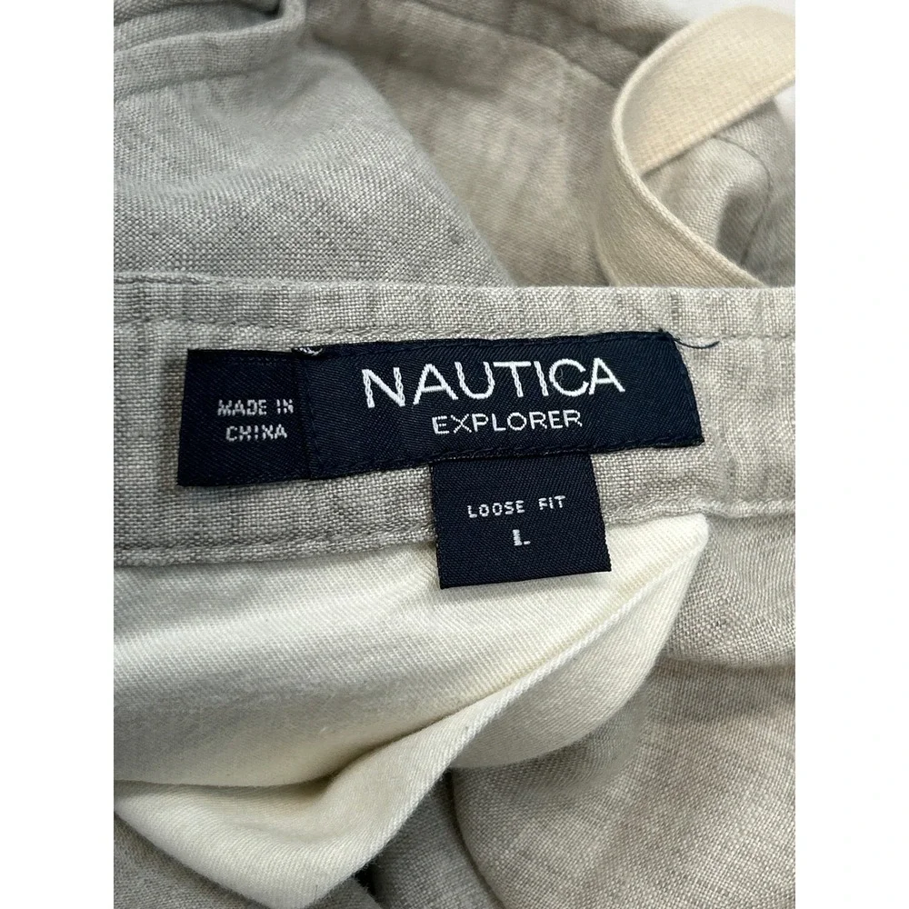Nautica Explorer Pants Mens L Tan 100% Linen Loose Fit Drawstring Trousers